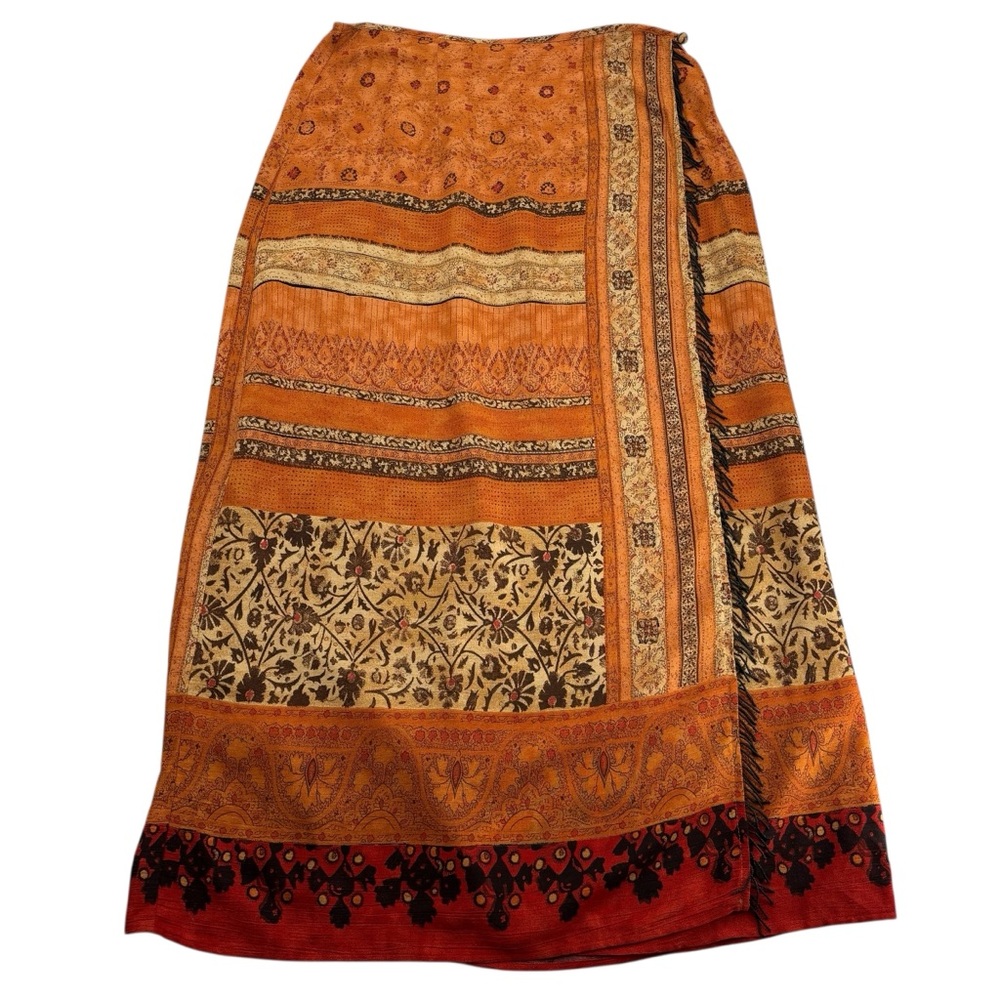 Carol Little Vintage Beaded Fringe Boho Wrap Midi Skirt 80's